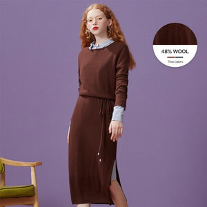 Dress Women'S Winter New Arrival Casual Round Collar Drawstring Waist Knit Dress