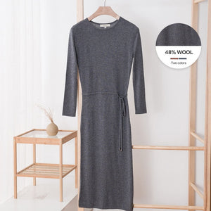 Dress Women'S Winter New Arrival Casual Round Collar Drawstring Waist Knit Dress