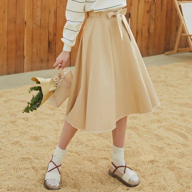 High-Waisted Skirt Women's Autumn Winter New Arrival Sashes High-Waisted Milk Apricot A-Line Skirt Full Skirt