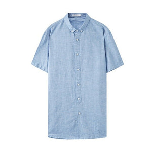 New Men Summer Short Sleeve Shirt Square Collar Solid Color Shirt Cotton Linen рубашка мужская