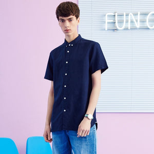 New Men Summer Short Sleeve Shirt Square Collar Solid Color Shirt Cotton Linen рубашка мужская