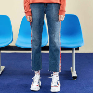 Straight Jeans For Women Side Webbing Jeans Woman Denim Pants High Quality Stretch Waist Women Jeans