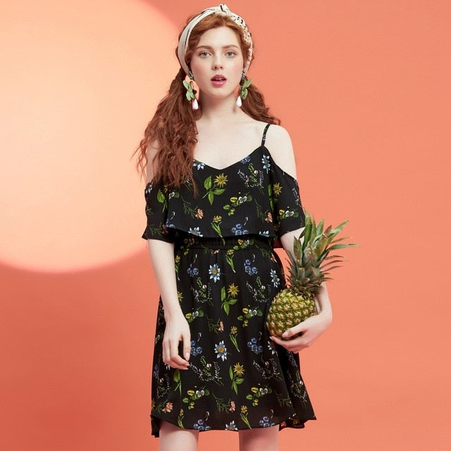 Brand 2019 Vintage black women's resort chiffon dress sweet floral beach dress halter strapless Bohemian sundress