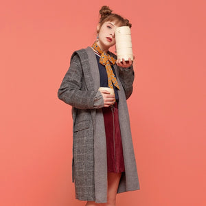 Long Wool Blend high quality Coat Women Outwear Slim Winter Vintage plaid coat