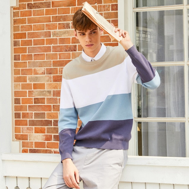 Fake two sweaters 2020 New Spring Men Sweaters  Hong Kong Style Literary Sweater hit color Striped Shirt collar