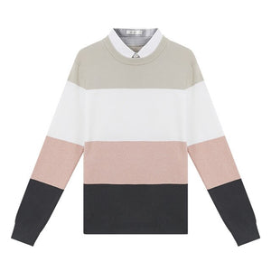 Fake two sweaters 2020 New Spring Men Sweaters  Hong Kong Style Literary Sweater hit color Striped Shirt collar