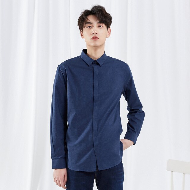 Brand Men Casual Shirts Spring Autumn Male Slim Deep Blue Long Sleeve shirts regular Cotton Male Basic tops