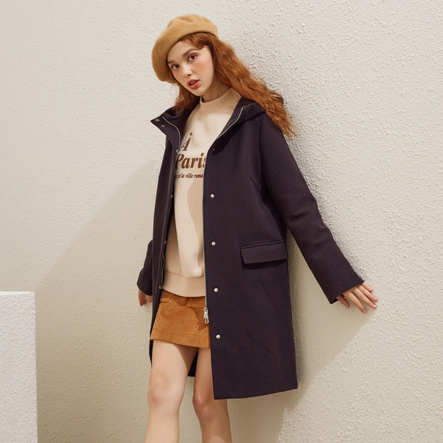 Women Woolen Winter Coat outerwear Hooded clothing Lady Coat Simple and stylish Warm coat