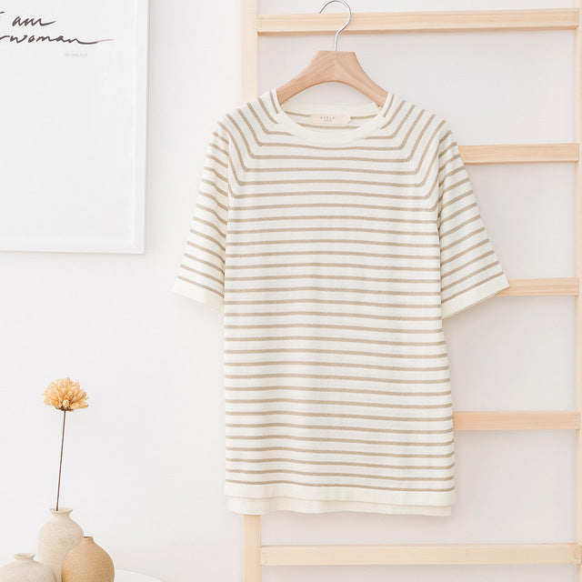 Men's T-shirt Striped Shirt for Male Knitted Summer Trend T-Shirt Casual Striped Short Sleeve футболка мужская