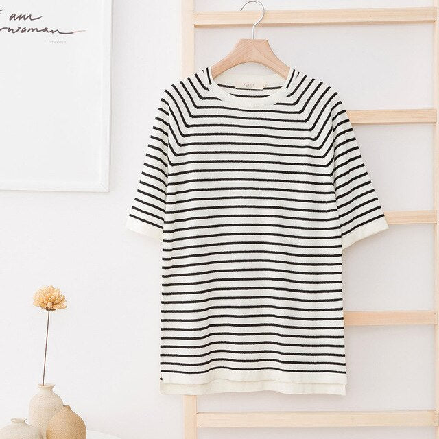 Men's T-shirt Striped Shirt for Male Knitted Summer Trend T-Shirt Casual Striped Short Sleeve футболка мужская