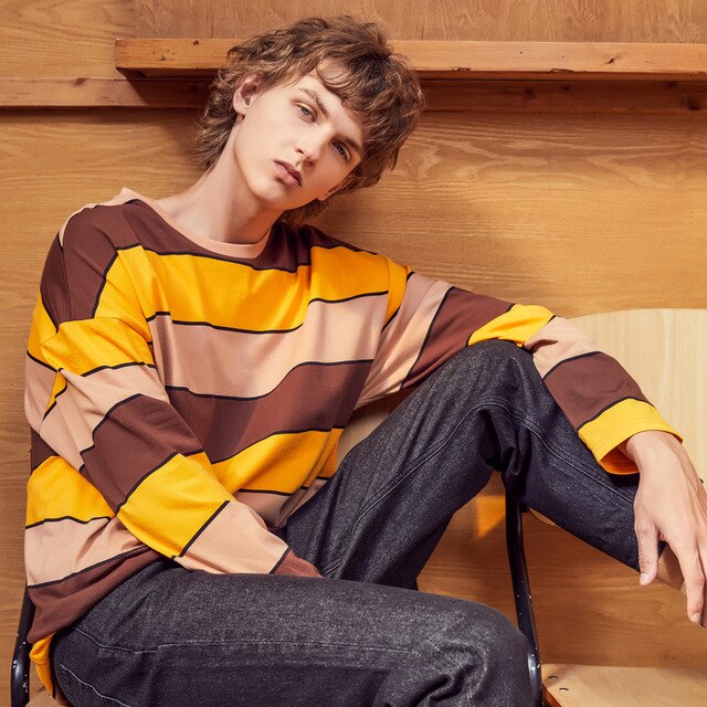 New Spring For Couple tops Men Loose stripe Hit color pullover Fashion Men Ms Leisure Long sleeve T-shirt