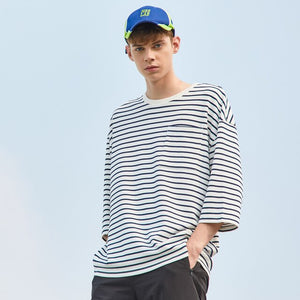 New stripe T-shirt for Male Summer Holiday Trend T-Shirt Simple Casual Mid-sleeved Tops