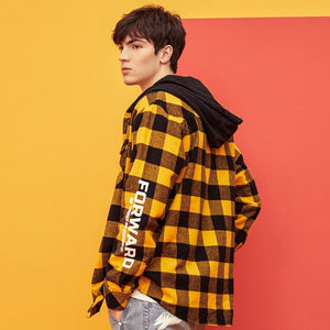 Spring New Men Long Sleeve Cotton Shirt Loose Plaid student Shirt Leisure Retro Hooded Shirt Men