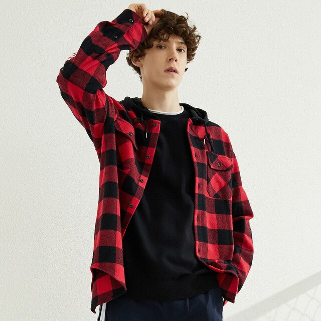 Spring New Men Long Sleeve Cotton Shirt Loose Plaid student Shirt Leisure Retro Hooded Shirt Men