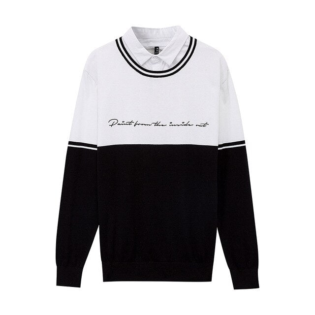 Fake two sweaters New Spring Men Sweaters  Hong trend Literary Sweater Hit color letter Shirt collar sweaters