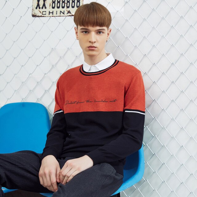 Fake two sweaters New Spring Men Sweaters  Hong trend Literary Sweater Hit color letter Shirt collar sweaters