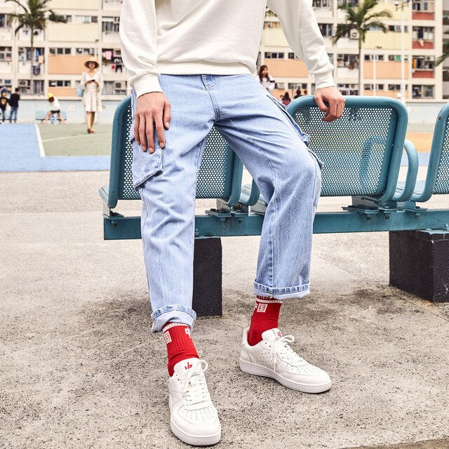 Men Jeans 2020 Spring New Loose Streetwear Light Blue Pants Youth New Casual Trend Jeans Men Pocket Cargo Pants