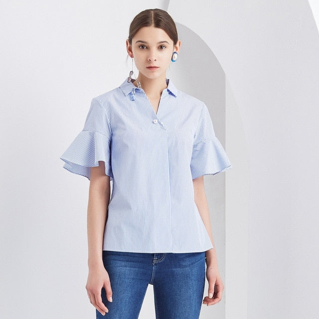 Brand Short sleeve Shirts Female New Summer Ruffled short sleeves Blouse Good Quality Blended Blouses White Tops