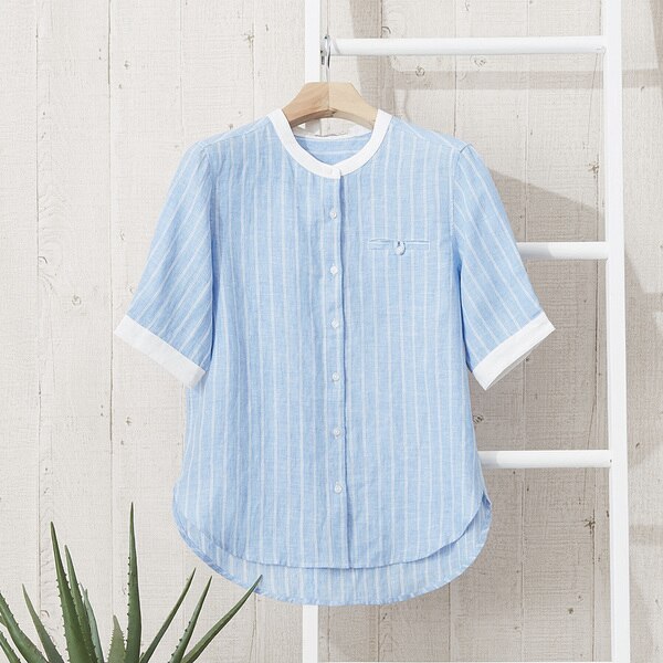 Women Blouses  Fashion Short Sleeve Shirt Slim Linen Sweet Girls Blouse Shirt Casual Tops New Arrival