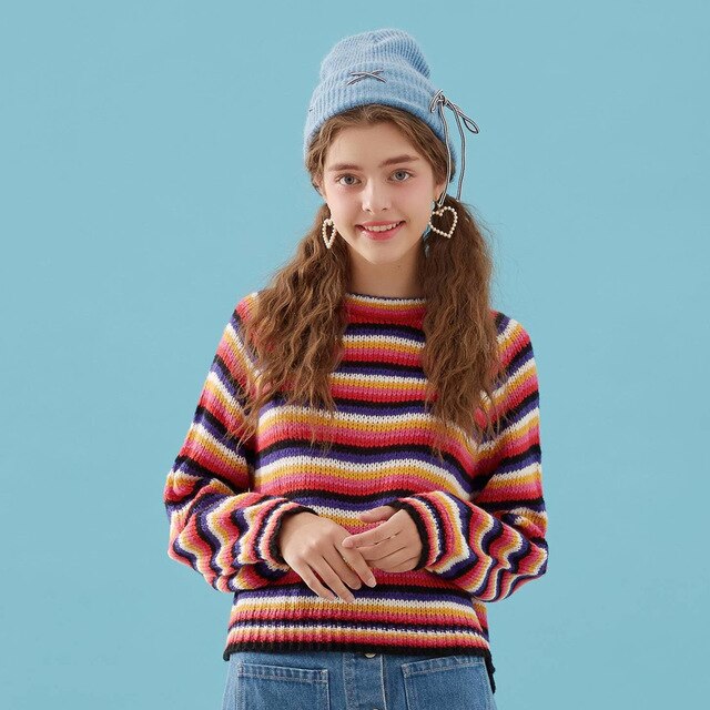 Spring New Chic Knitted Sweater Women Color stripes Pullovers Women Loose Casual short Sweaters