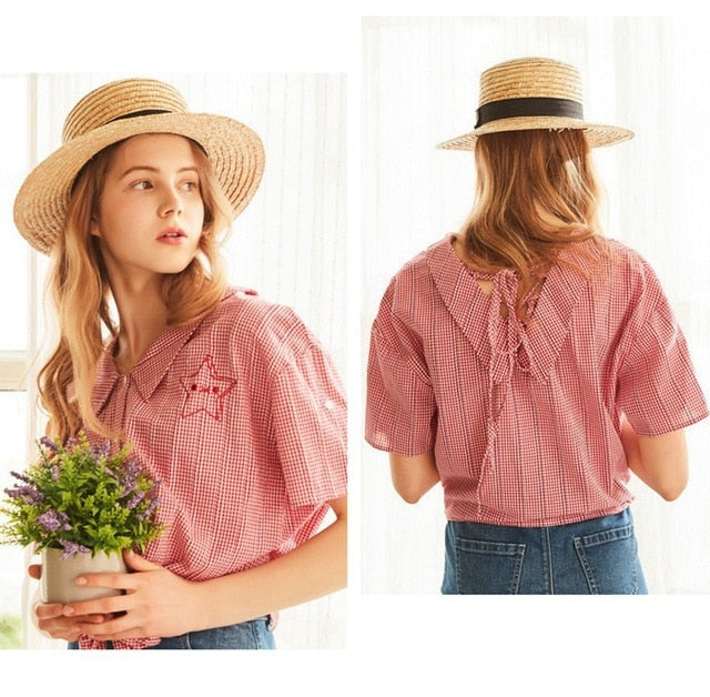 New Hot Pink Blouse Grey Sweet  Short Sleeve Plaid Shirt Back Sexy Blouse Korean Version Summer Shirt