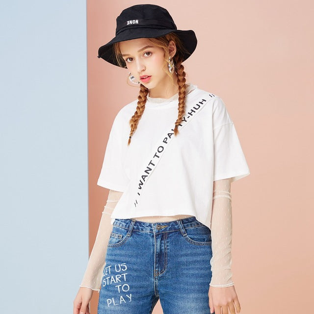 Girls T-shirts For Women Female Splice Sleeve Ladies Spring 2019 New Arrival Mesh Two-Piece Sexy Colthing Special