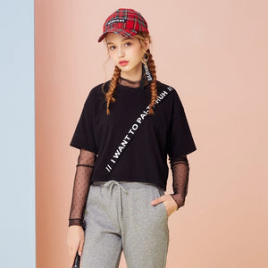 Girls T-shirts For Women Female Splice Sleeve Ladies Spring 2019 New Arrival Mesh Two-Piece Sexy Colthing Special