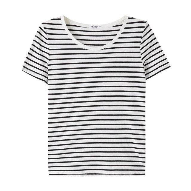 Girls T-shirt for Women Striped Short-Sleeved Summer Cotton Half Sleeved Shirt Bottom Versatile Jacket Cotton 100%