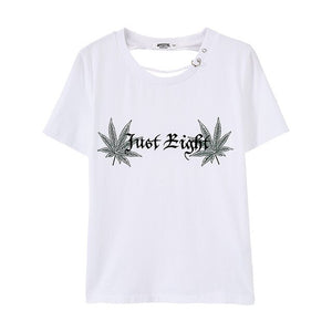 T-Shirt For Women Casual Back Hollow Out Design T-shirt Women Tops Cartoon Embroidery Letter Printing T-Shirt Female