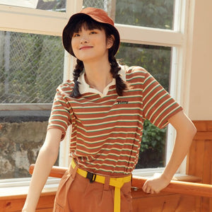 Summer New Cotton Polo collar Constrast Color Short Sleeve Tops Loose Striped Tops Women 212580