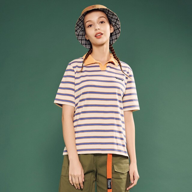 Summer New Cotton Polo collar Constrast Color Short Sleeve Tops Loose Striped Tops Women 212580