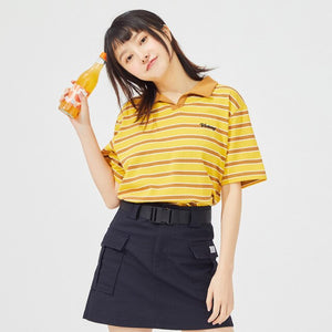 Summer New Cotton Polo collar Constrast Color Short Sleeve Tops Loose Striped Tops Women 212580