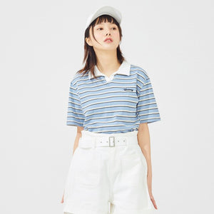 Summer New Cotton Polo collar Constrast Color Short Sleeve Tops Loose Striped Tops Women 212580