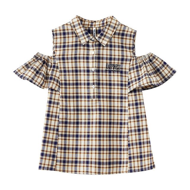 Female Off-the- shoulder Short-Sleeved Shirt Women's Blouse Plaid Shirt Joker Line Led Hong Kong Style Summer Blouse