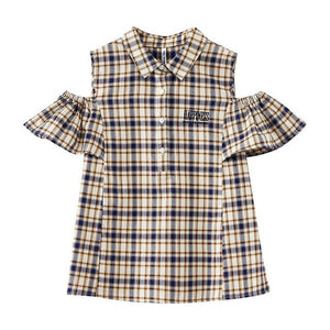 Female Off-the- shoulder Short-Sleeved Shirt Women's Blouse Plaid Shirt Joker Line Led Hong Kong Style Summer Blouse