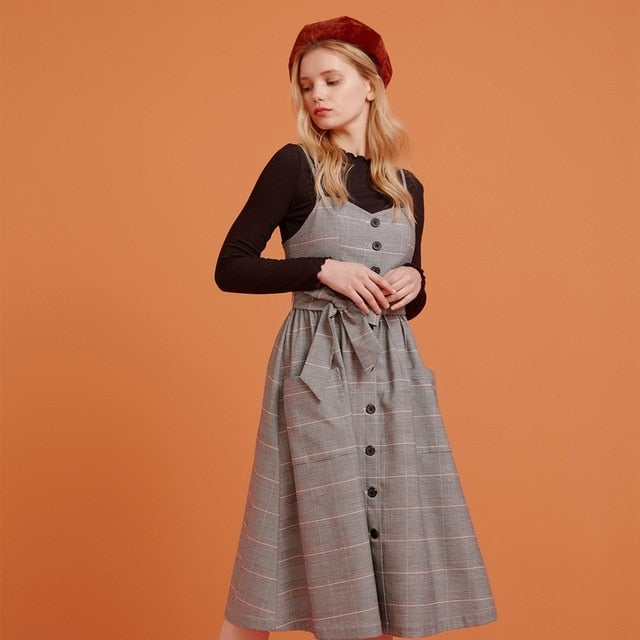 Autumn Winter Women Casual Sleeveless Pocket Retro Dress Female Vintage OL Dress Loose Suspender Sundress