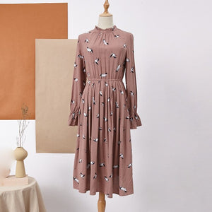 Elegant O-neck Print Chiffon Dress Spring Flare Sleeve Ruffles Elastic Slim Waist Female Midi Dress  Chic