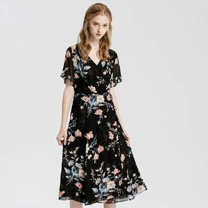 Me&City High waist Dress Women Spring New Chiffon Casual Floral Office Ladies Sexy V-neck fashion print dress