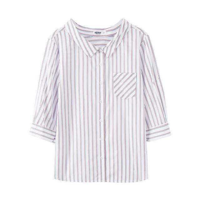 Women Striped Blouses 2019 Fashion Three Quarter Sleeves Turn Down Collar  Sweet Girls Blouse Shirt Casual Tops