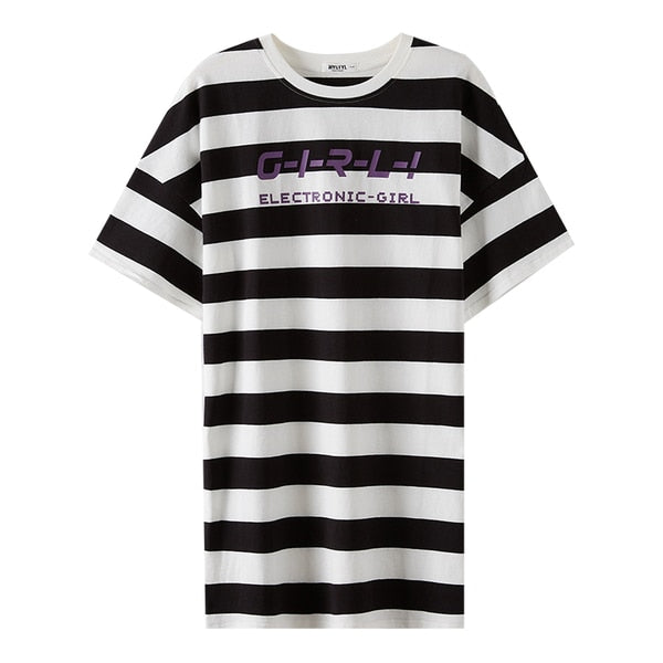 Women's T-shirt Dresses 100% Cotton  Fashion Streetwear Loose Striped Knee-length Dresses For Girls Fashion