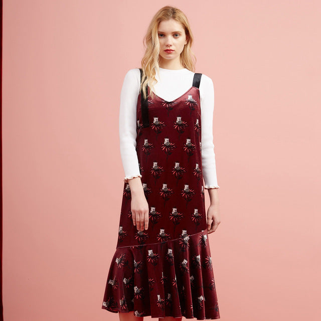 Long Velvet dress Women Floral Printing Dress Velvet Vintage  Autumn Winter Dress Women Dress