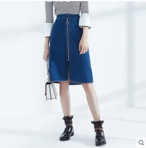 Zipper Mid-length Denim Skirt  Plus Size New Fashion Summer Knee-Length Women Blue High Waist Casual Skirt