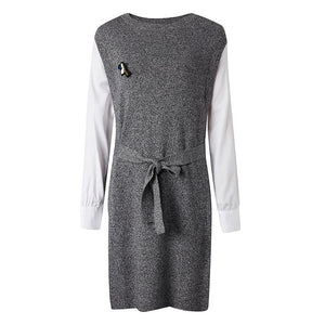 Long Knitted Layered Women Mock Two-Piece Sweater Dress Shirt Office Ladies  Autumn Winter Dress Women Dress