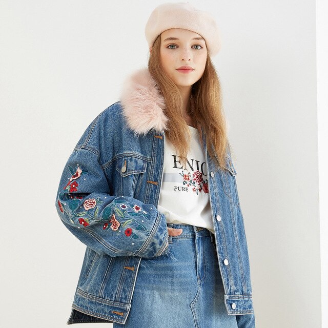 Thicke Warm Colorful Fur collar Winter Warm embroidery Denim Parkas Female Thick Cotton Coat