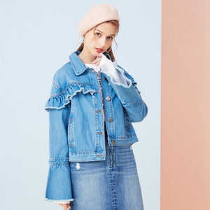 Brand denim jacket girl spring retro jacket chic horn sleeve falbala student jacket