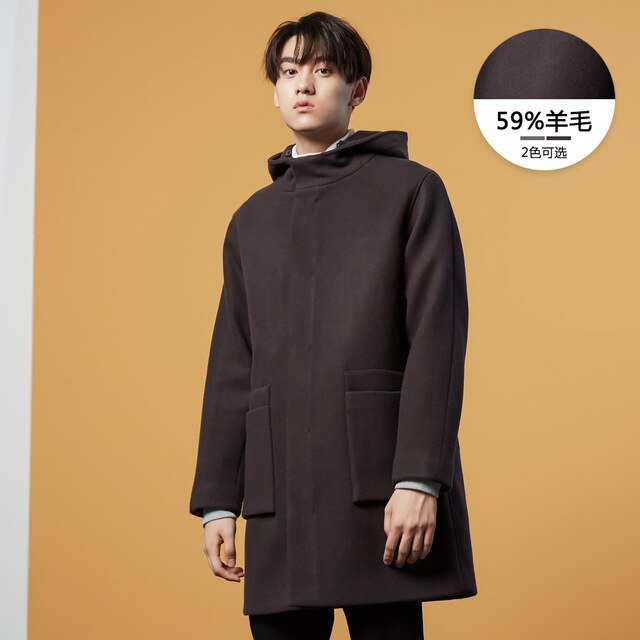 Hooded coat Winter Men High-quality Wool Coat Simple Overcoat Leisure Jacket Youth